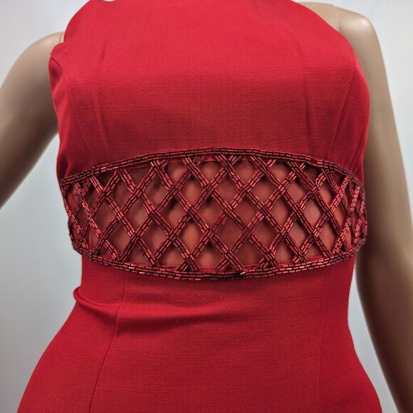 Vintage 1990s Faviana Prom Gown Red Maxi Dress Beaded Siren Pageant Size 3 - Picture 5 of 9